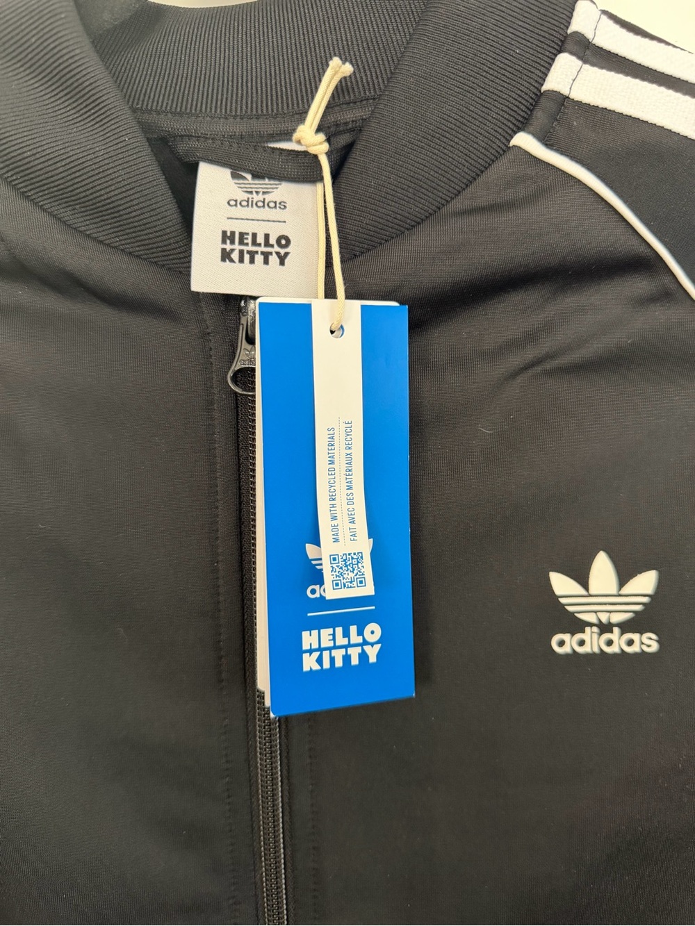 adidas Black Track Jacket with White Stripes and Floral Embroidered Patch - Picture 5 of 6